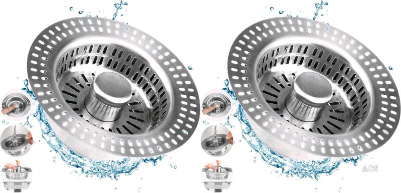 2 New Ceecysaa Upgraded 3 in1 Kitchen Sink Strainer & Stopper Set &ndash; Stainless Steel Pop-Up Drain Plug with Removable Anti-Clog Basket for Standard 3-1/2" Sink Drain, Silver