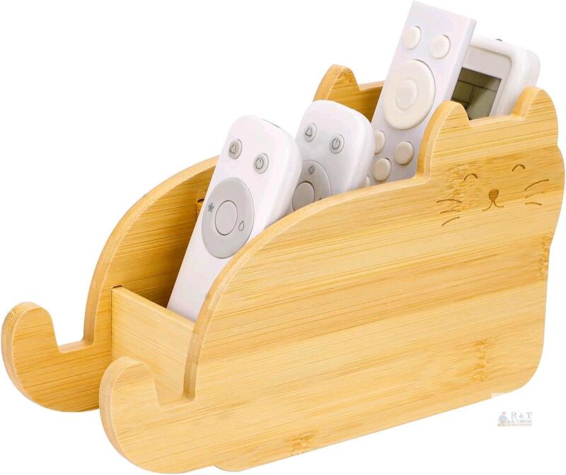 New Cat-Shaped Wooden Partitioned Organizer for TV Remotes, Pens, Makeup Brushes + More, 4 Compartments, Tail Used As Hooks, 5.5" Tall