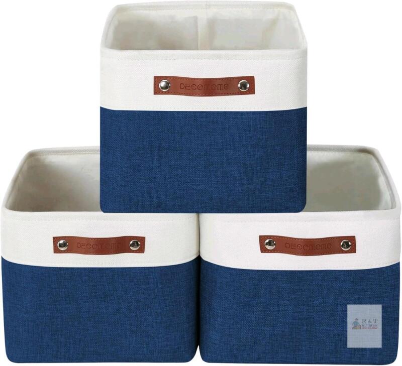 New Organi Haus 3-Piece Fabric Storage Bins / Baskets for Shelves, Linen Closet Organization Toys Nursery (Navy Blue and White)