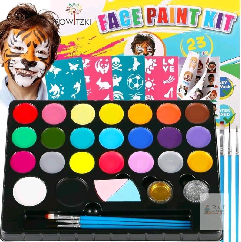 New Bowitzki 23-Colour Face Painting Kit : Brushes, Sponges, Glitter Powder & Stencils