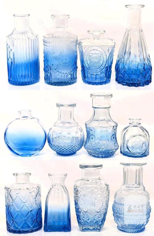 New 12pc Blue Gradient Retro Glass Mini Bud Vases Up To 5.75" Tall