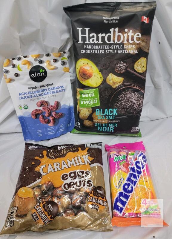 Hardbite Black Sea Salt Chips, Elan Acai Blueberry Cashews, Caramilk Eggs & Mentos Fruit Mix ALL IN DATE
