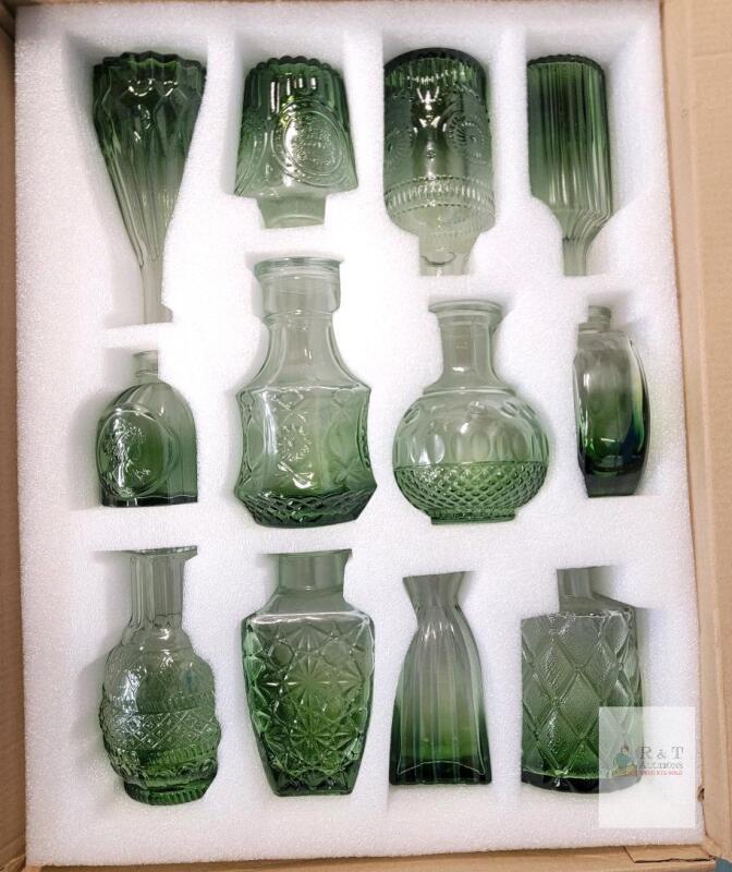 new Set of 12 Assorted Green Decorative Glass Bottles, Embossed Vintage Pattern, 3" to 5.5" tall .