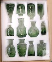 new Set of 12 Assorted Green Decorative Glass Bottles, Embossed Vintage Pattern, 3" to 5.5" tall .
