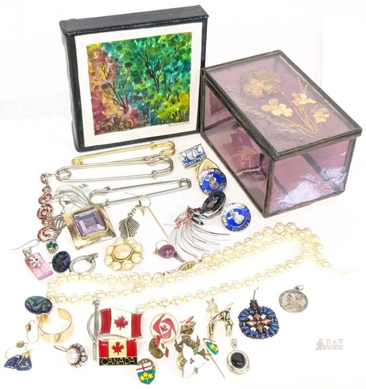 Mini 4" Stretched Canvas Art, Vintage Stained Glass Trinket Box with Pressed Flowers, Pins & Badges, Jewelry For Crafting & Repair