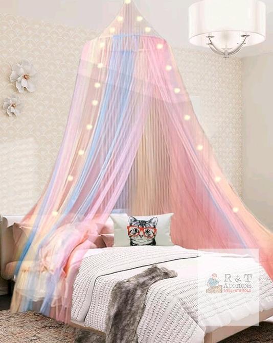 Sweet Guardian Rainbow Bed Canopy with Lights for Kids, Fits Queen/King, LED Fairy Lights