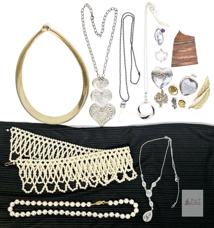 Vintage: Faux Pearl Collar & Necklace, Nuovo Capica Snake Omega Choker, Triple Heart & Oil Vial Necklaces, Circle & CZ Lariat Necklaces With Tiny Diamond by Stamp, Brooches, Scarf Clip, Pins & Pendants (See Desc)