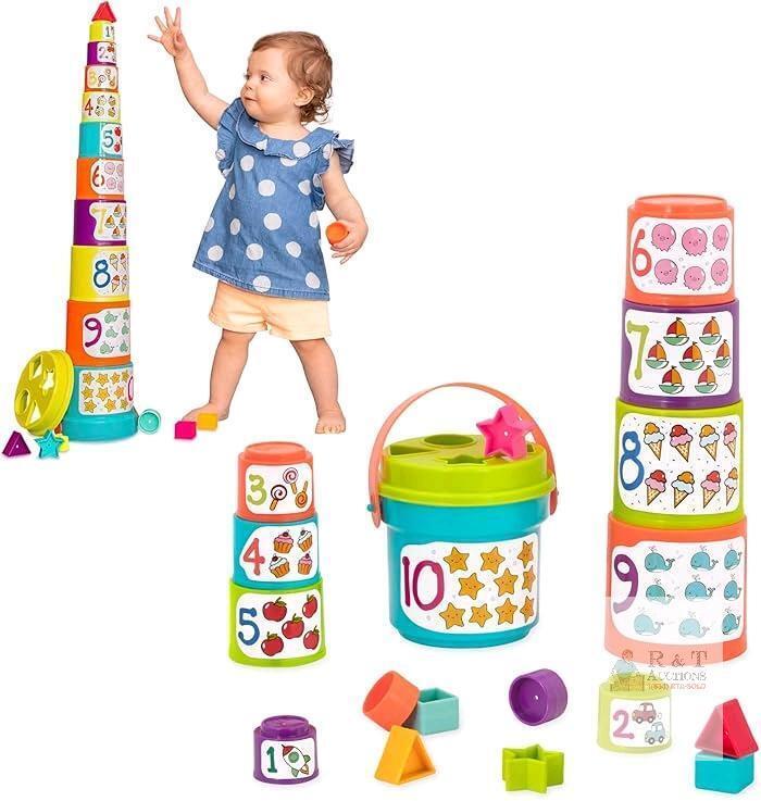 New BATTAT Nesting Sorter Set &ndash; 19 Pieces Stacking Bucket Sort Set &ndash; 10 Cups & 8 Shapes &ndash; Educational & Dexterity Toys &ndash; 18+ Months &ndash; Sort & Stack