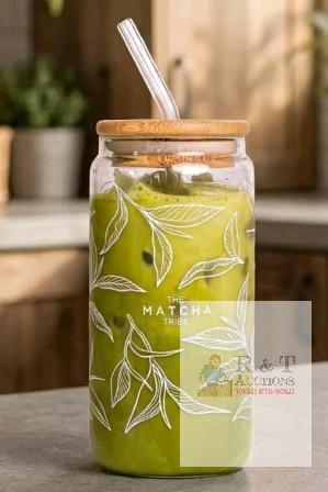 New - The Matcha Tribe 16oz. Tumbler with Glass Straw , Lid & Straw Brush - Borosilicate Glass - Reusable Heat Resistant . Retail $65