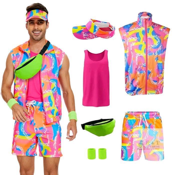 New - Sz. Men's Small 5pc. 80s Workout Costume for Men Halloween Cosplay 80s 90s Workout Outfit Party Clothing for Adult Men / Women .