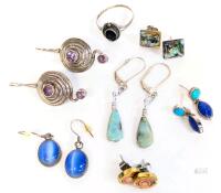 Vintage Size 9 Ring Stamped 925, 2 Pairs Earrings Stamped 925, 3 Pairs Non-Magnetic Earrings Without Stamps
