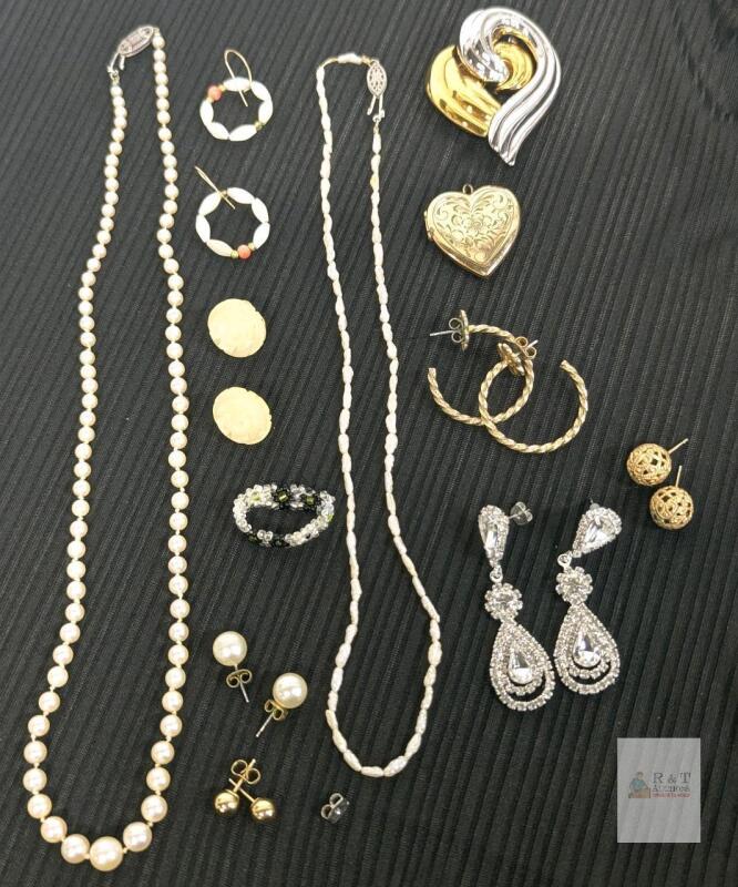 Vintage Knotted Pearl* & Freshwater Pearl Necklaces Up To 18", Signed Monet Brooch, Possible Carved Bone or Celluloid Floral Earrings, Locket + Earrings For Pierced Ears
