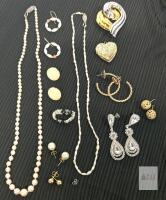 Vintage Knotted Pearl* & Freshwater Pearl Necklaces Up To 18", Signed Monet Brooch, Possible Carved Bone or Celluloid Floral Earrings, Locket + Earrings For Pierced Ears