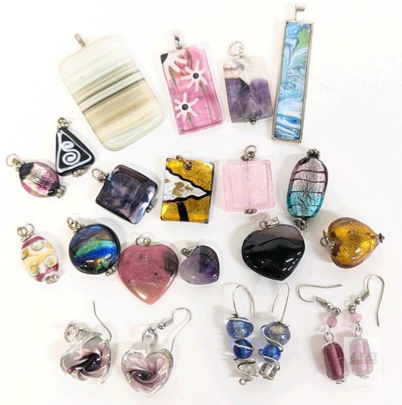 Vintage Polished Stone, Glass, Fused / Lampwork Glass Pendants / Charms & 3 Pairs Earrings For Pierced Ears, Up To 2" Long