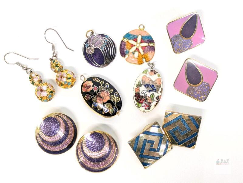 Vintage Cloisonne Enamel Earrings & Pendants Incl Signed Roccoco & Celtic Gems, Up To 1.2" Long
