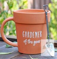 Gardener of the Year Ceramic Mug with Shovel Spoon, 11 oz Capacity, Terracotta Color