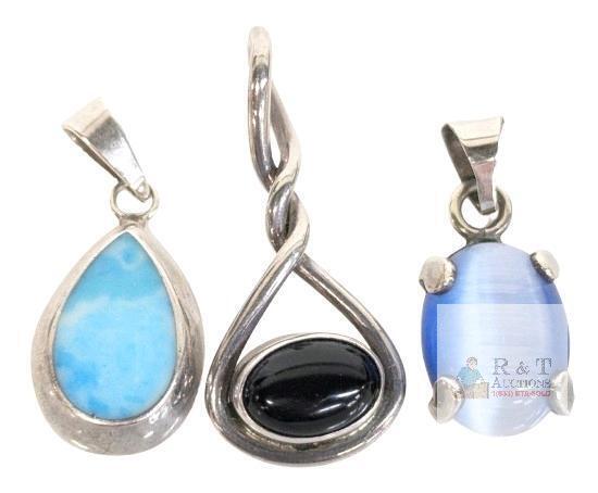 3 Vintage Pendants Stamped Mexico 925, Stones Presumed Onyx, Larimar, Cats Eye Glass