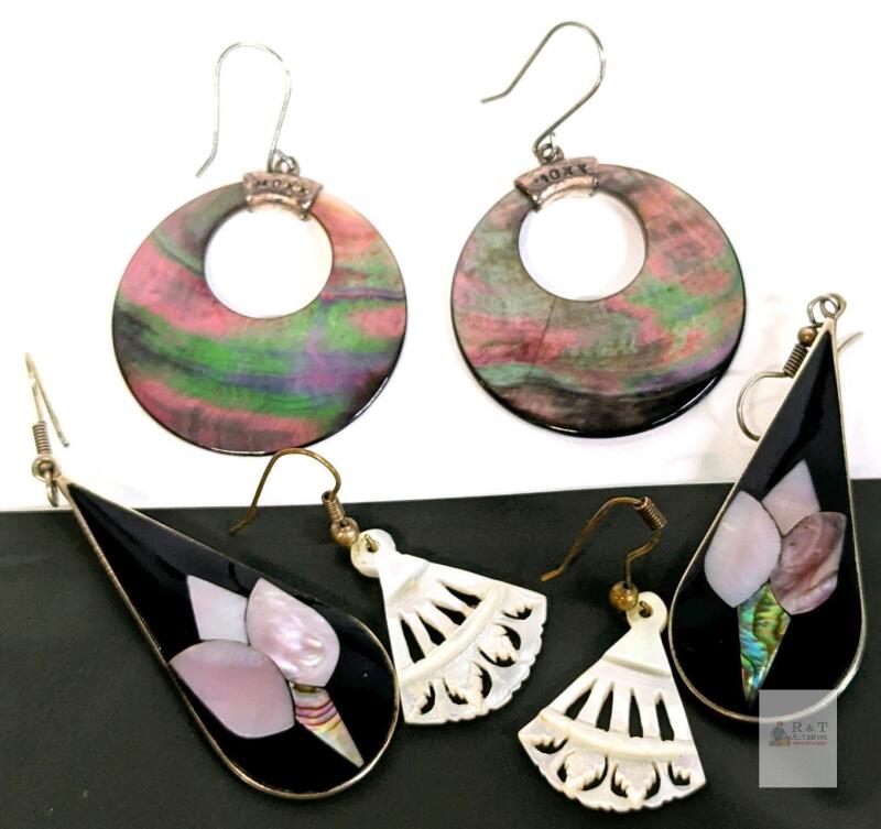 Vintage Alpaca Silver Mexican Black Enamel & Abalone Shell Tulip Dangle Drop Earrings, MEXX Abalone Earrings & Thai Mother of Pearl Fan Earrings