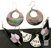 Vintage Alpaca Silver Mexican Black Enamel & Abalone Shell Tulip Dangle Drop Earrings, MEXX Abalone Earrings & Thai Mother of Pearl Fan Earrings