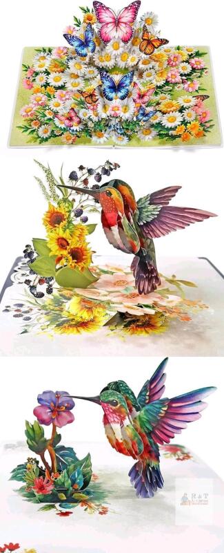 3 New CutPopUp 3D Pop-Up Greeting Cards, Blank Inside, With Envelopes: Butterflies & Hummingbirds, 5.5" &times; 7.85" (Designs May Vary)