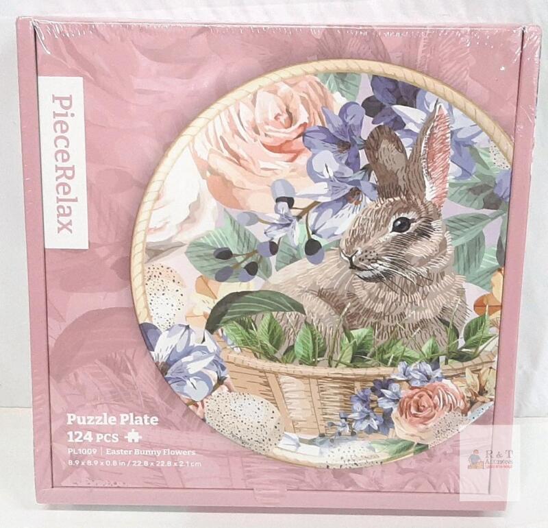 NEW PieceRelax Puzzle Plate PL1009, 124 Pieces, Easter Bunny Flowers, 8.9" Round, Gloss Effect, Display Stand