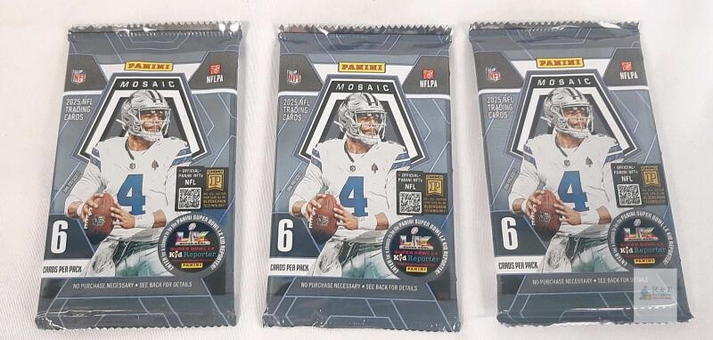 2025 Panini Mosaic NFL Trading Cards, 3 Factory Sealed Packs, 6 Cards Per Pack