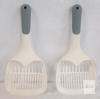 2 NEW Ergonomic Litter Scoopers, Heavy-Duty Plastic, 11 in Length, Pair, White/Gray, Slotted Design