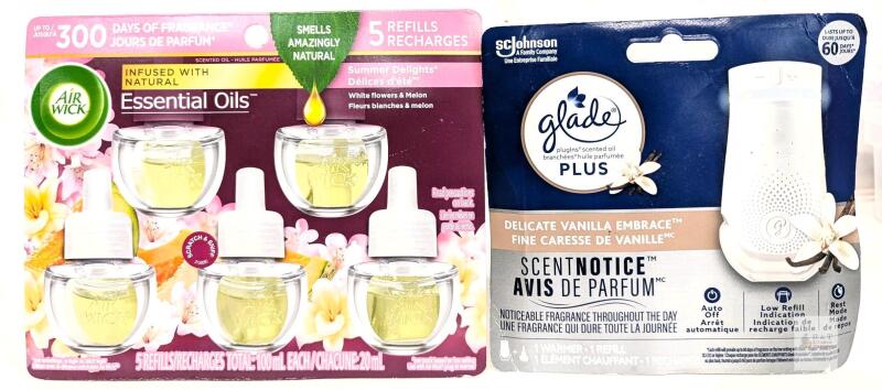 Air Wick Essential Oils Summer Delights 5 Refills + Glade PlugIns PLUS Vanilla Embrace Warmer Kit