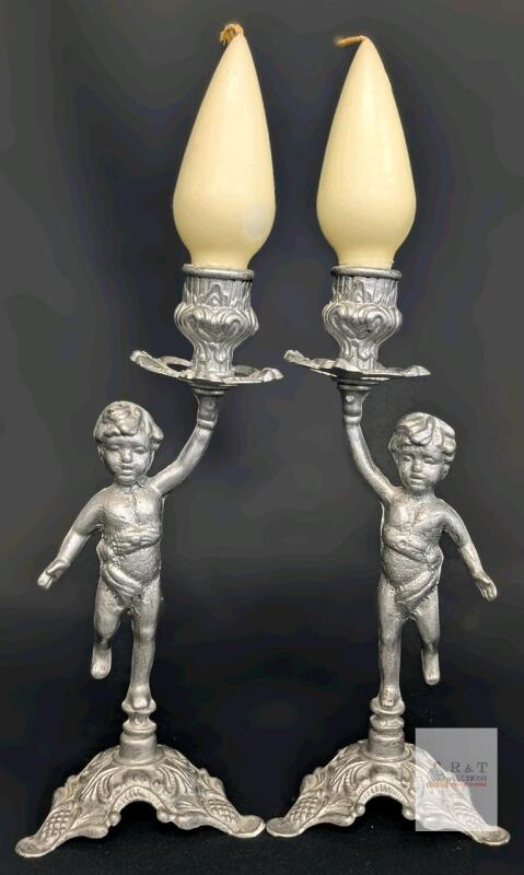 Vintage Pair of Cherub Candleholders, Likely Painted Brass, With Bulb-Shaped Candles, 9" Tall