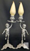 Vintage Pair of Cherub Candleholders, Likely Painted Brass, With Bulb-Shaped Candles, 9" Tall
