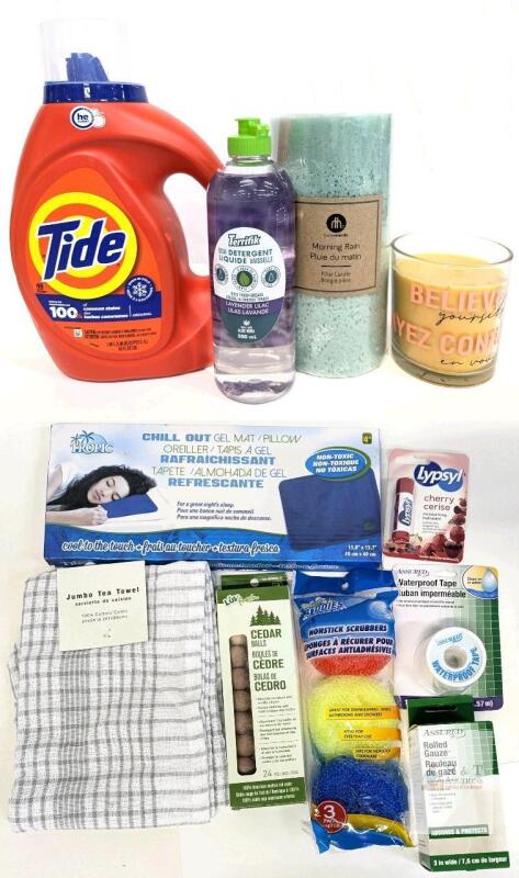 New & Not : Tide & Dish Detergent, Candles, Cotton Dish Towel, Cooling Gel Mat, First Aid +
