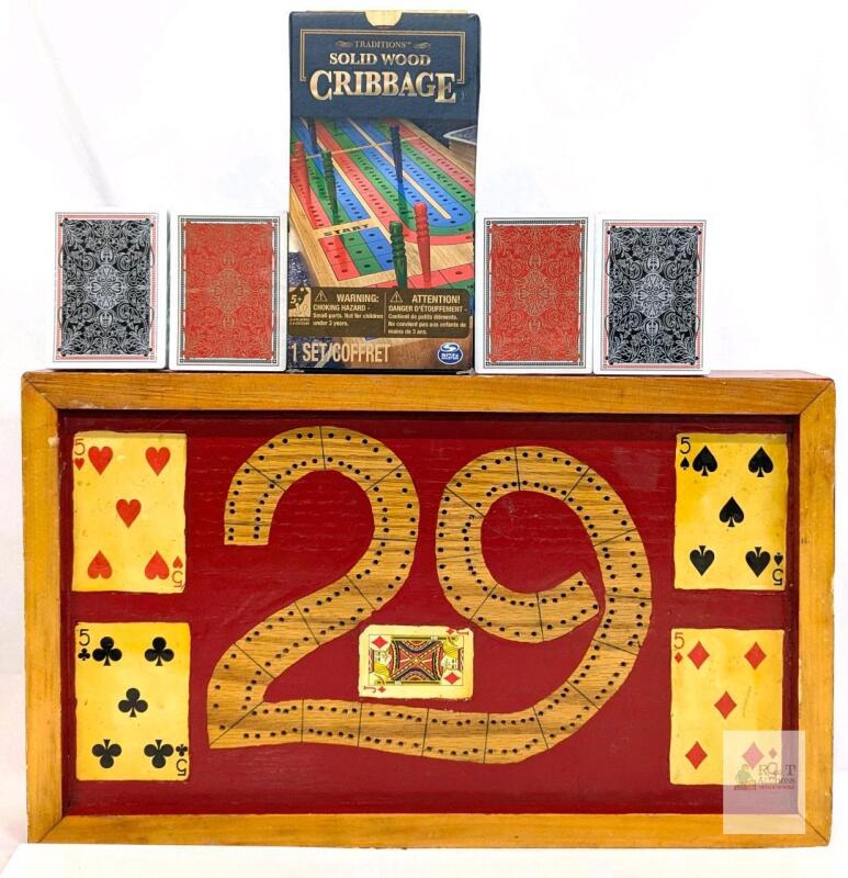 Vintage Handmade 10" &times; 17" Wood Cribbage Board, Opened Traditions Solid Wood Cribbage & 4 New Packs Playing Cards