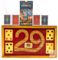 Vintage Handmade 10" &times; 17" Wood Cribbage Board, Opened Traditions Solid Wood Cribbage & 4 New Packs Playing Cards