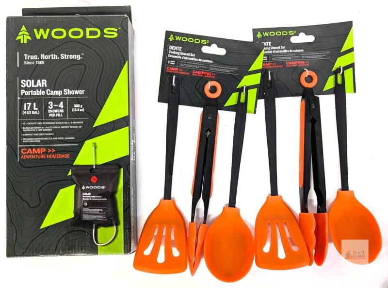 New WOODS Solar Portable Camping Shower 4.5 Gal. (17L) & 2 New 3-Piece Sets Dente Cooking Utensils