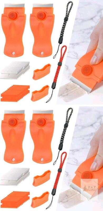 2 New Packs of 2 Razor Blade Scraper Cleaning Tool, Sticker Glue Paint Adhesive Decal Stain Removal for Glass Ceramic Metal Floor Surface Car Window Stovetop Silicone Caulk Removal Tool with Spare Blades & Wrist Strap