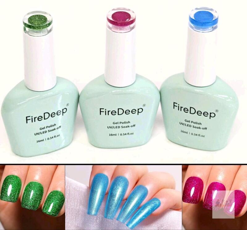 3 New FireDeep UV Gel Nail Polish, 16ml Large Bottle Gel Polish UV/LED Soak Off Gel Polish : GLITTER GREEN, SKY BLUE PEARL, GLITTER HOT PINK