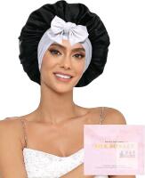 New 100% Mulberry Silk Bonnet for Sleeping, Double Layer Silk Hair Bonnet, Natural Silk Sleep Cap with Elastic Reversible Hair Wrap (Black+Silver Gray)