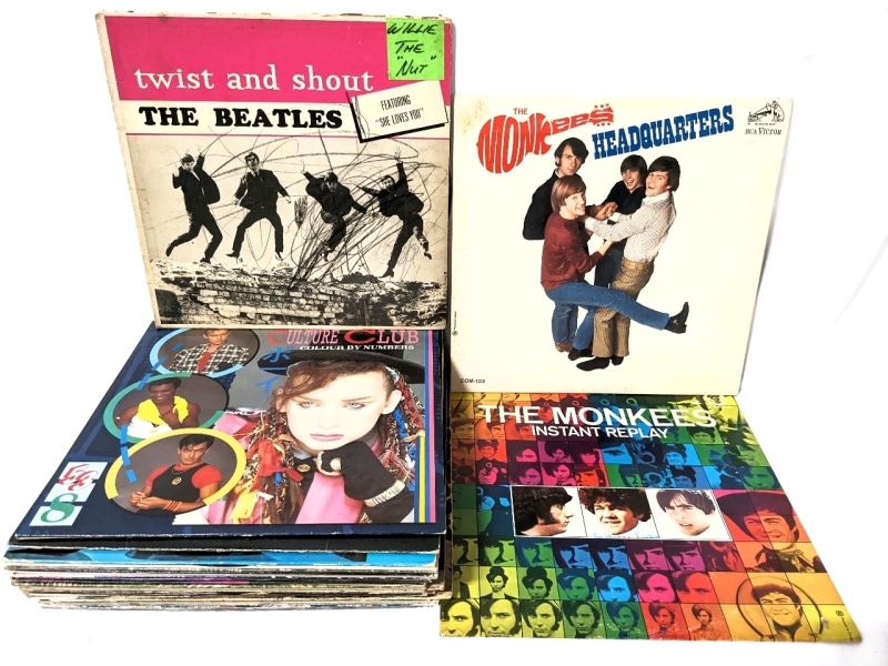 20+ Vintage LP Records Rock Music: Monkees, Beatles, Culture Club + More.