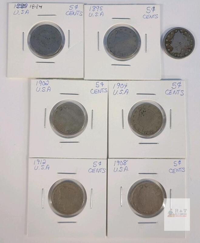 1894 - 1912 USA Liberty Head " V " Five Cent Nickels . 1894 , 1895 , 1896 , 1902 , 1904 , 1908 , 1912