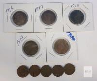 1916 - 1935 Canadian King George V Large and Small One Cent Pennies . Large : 1916 , 1917 , 1918 , 1919 , 1920 . Small : 1920 , 1929 , 1932 , 1933 , 1935