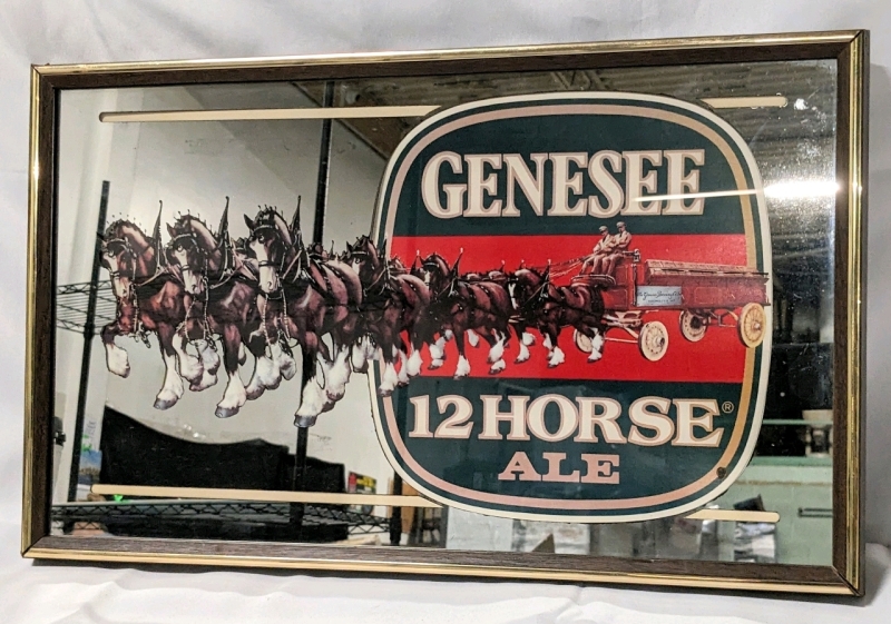 Vintage Framed Mirrored Bar Sign: Genesee 12 Horses Ale.