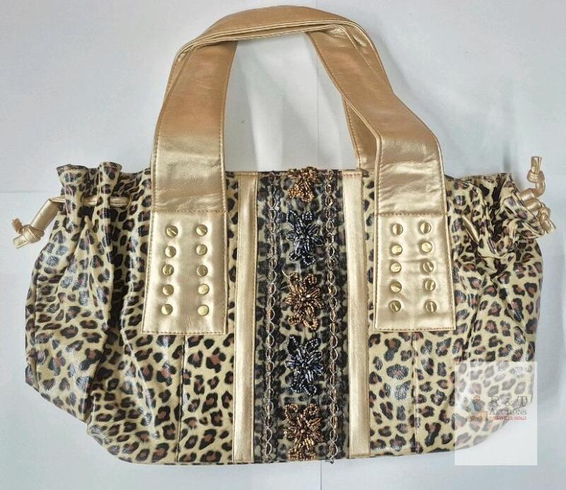 NEW Leopard Print Tote Bag with Gold Studded Handles, Beaded Floral Center, 18.5" Length