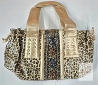 NEW Leopard Print Tote Bag with Gold Studded Handles, Beaded Floral Center, 18.5" Length