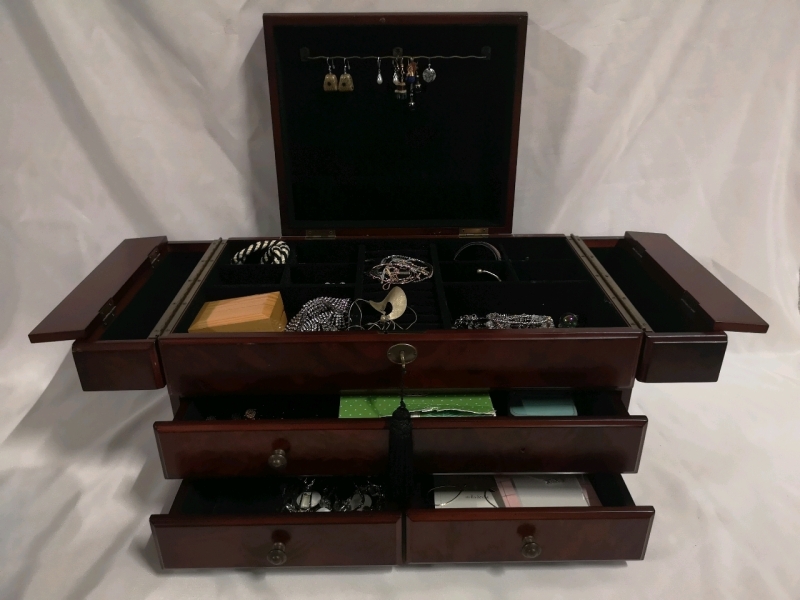 Bombay Jewellery Box with Key and Assorted Jewellery Vintage to Modern