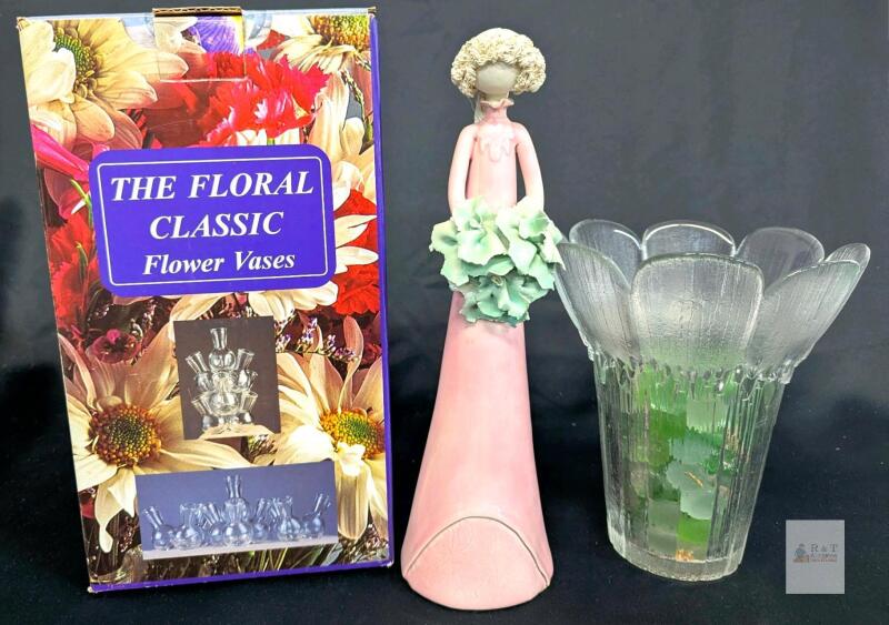 Neat & New in Box "The Floral Classic" Unusual Flower Arranger, 3pc Unique Vases, Stacking Vases, Centerpiece Vases, Glass Flower Vases, USA Made & Vintage Flared Flower Vase & Figure