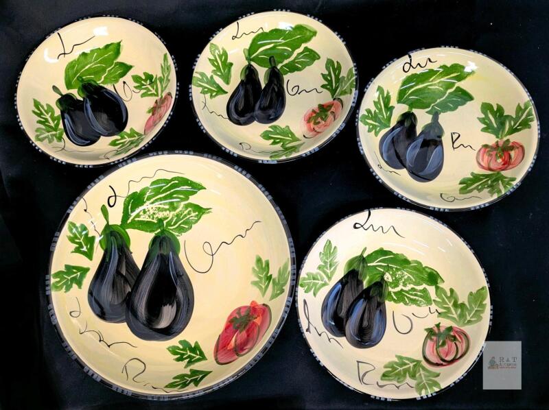 Certified International Portugal Hand-Painted Ceramic Serving Bowls Set, Eggplant & Tomato, 5-Piece In excellent condition, some discoloration, no chips or cracks