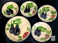 Certified International Portugal Hand-Painted Ceramic Serving Bowls Set, Eggplant & Tomato, 5-Piece In excellent condition, some discoloration, no chips or cracks