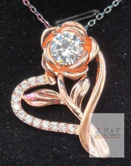 RAIXI Rose Gold-Tone Heart Flower Necklace with Cubic Zirconia Stones, Sterling Silver Stamped 925, Necklace Non-Magnetic but clasp is magnetic