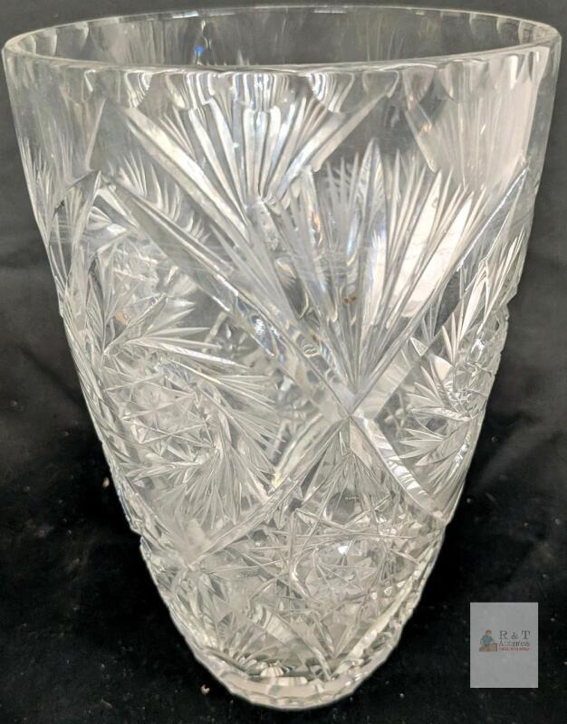 Cut Crystal Vase, 6.5" Tall, Deep Cut Star & Fan Design, Scalloped Rim, Heavy Glass