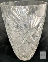 Cut Crystal Vase, 6.5" Tall, Deep Cut Star & Fan Design, Scalloped Rim, Heavy Glass